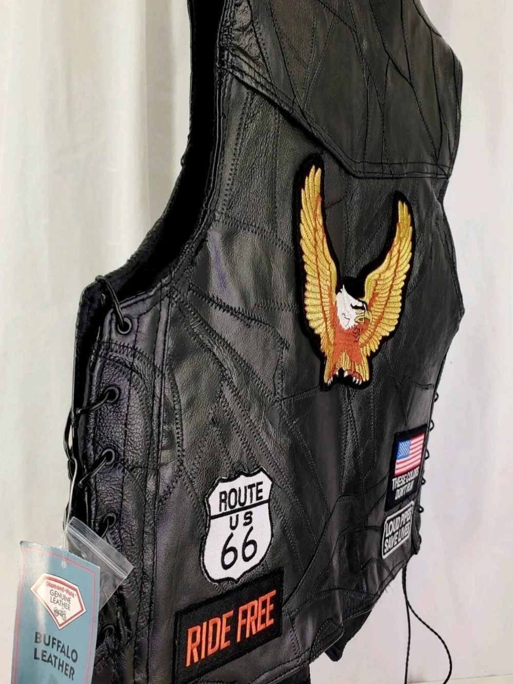 Diamond Plate Buffalo Black Leather Biker Vest with Side Lacing & Eagle Patch.